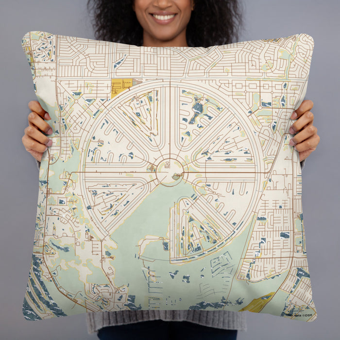 Person holding 22x22 Custom Rotonda West Florida Map Throw Pillow in Woodblock