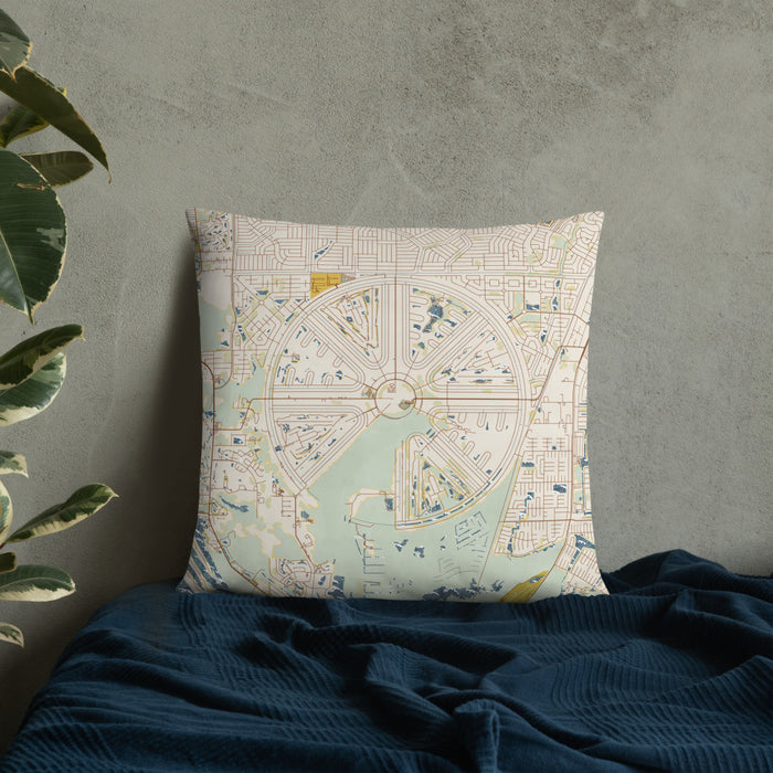 Custom Rotonda West Florida Map Throw Pillow in Woodblock on Bedding Against Wall