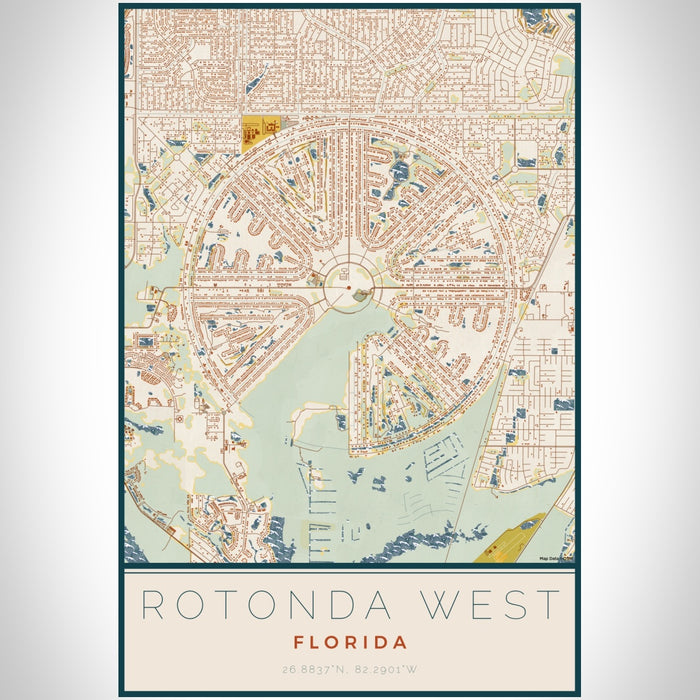 Rotonda West Florida Map Print Portrait Orientation in Woodblock Style With Shaded Background