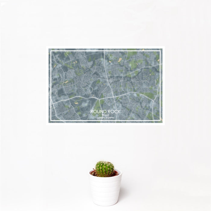 12x18 Round Rock Texas Map Print Landscape Orientation in Afternoon Style With Small Cactus Plant in White Planter