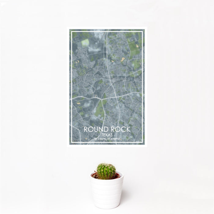 12x18 Round Rock Texas Map Print Portrait Orientation in Afternoon Style With Small Cactus Plant in White Planter