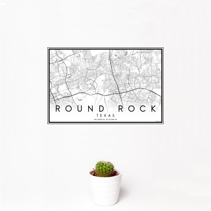 12x18 Round Rock Texas Map Print Landscape Orientation in Classic Style With Small Cactus Plant in White Planter