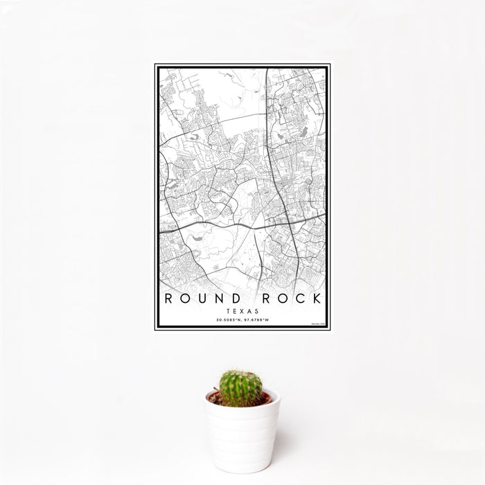 12x18 Round Rock Texas Map Print Portrait Orientation in Classic Style With Small Cactus Plant in White Planter