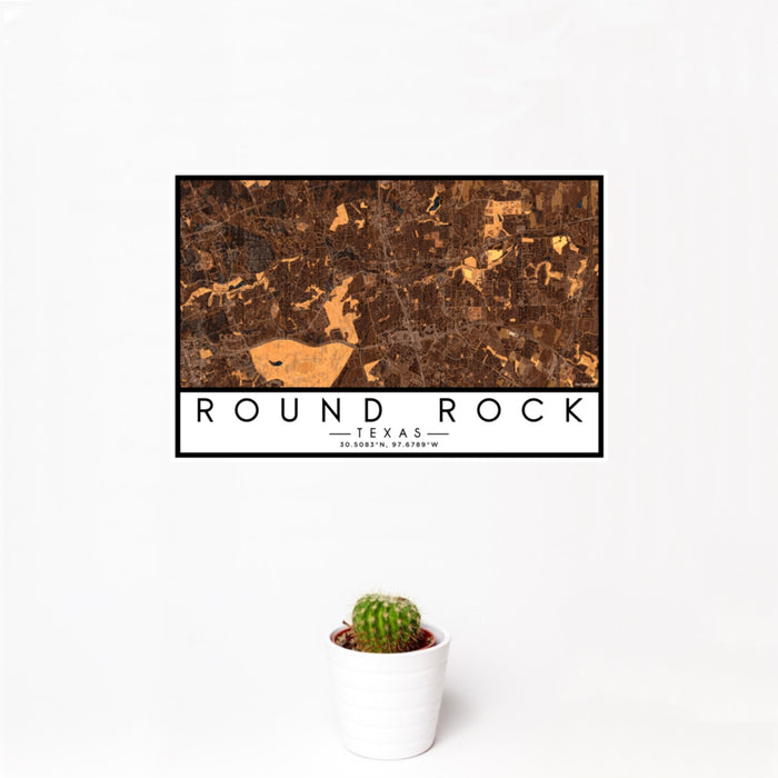 12x18 Round Rock Texas Map Print Landscape Orientation in Ember Style With Small Cactus Plant in White Planter