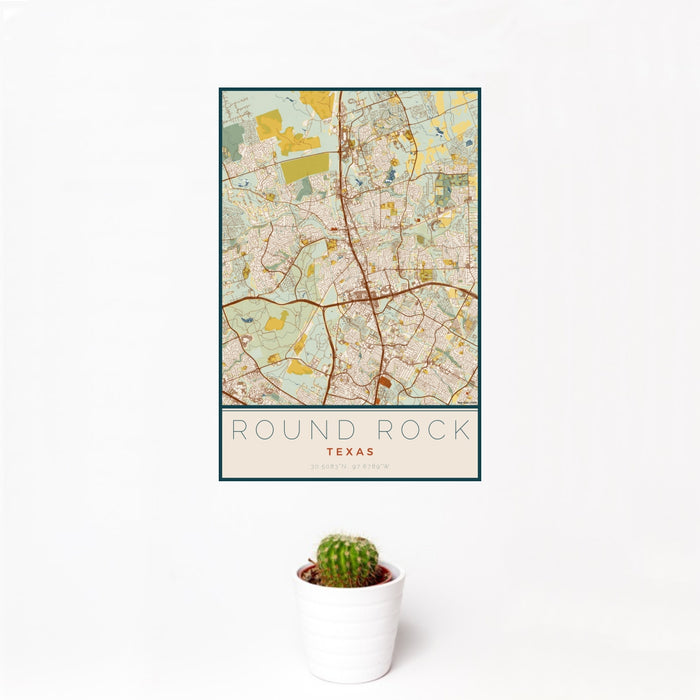 12x18 Round Rock Texas Map Print Portrait Orientation in Woodblock Style With Small Cactus Plant in White Planter