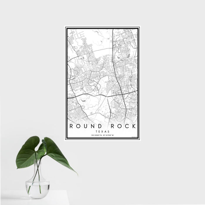 16x24 Round Rock Texas Map Print Portrait Orientation in Classic Style With Tropical Plant Leaves in Water