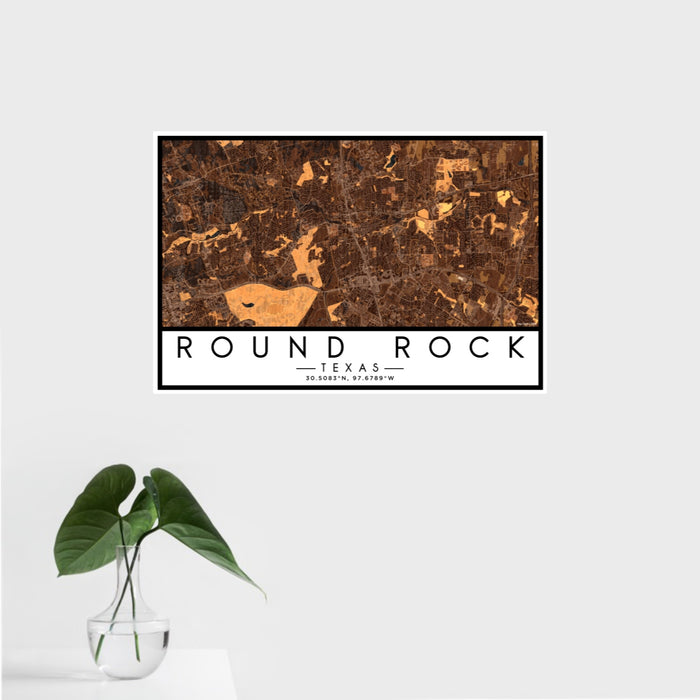 16x24 Round Rock Texas Map Print Landscape Orientation in Ember Style With Tropical Plant Leaves in Water