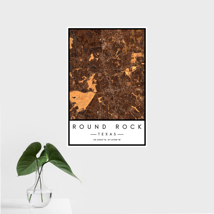 16x24 Round Rock Texas Map Print Portrait Orientation in Ember Style With Tropical Plant Leaves in Water