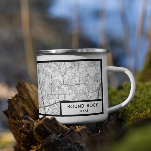 Right View Custom Round Rock Texas Map Enamel Mug in Classic on Grass With Trees in Background