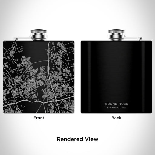 Rendered View of Round Rock Texas Map Engraving on 6oz Stainless Steel Flask in Black