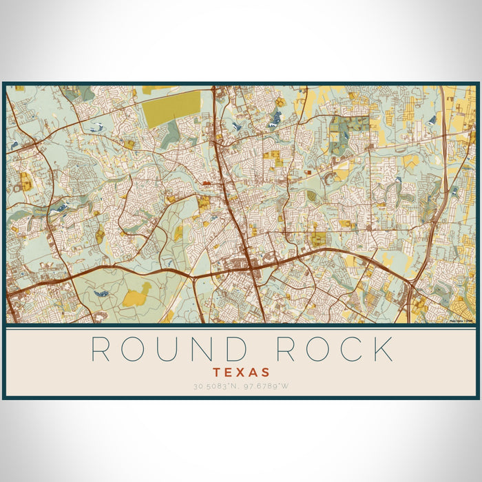 Round Rock Texas Map Print Landscape Orientation in Woodblock Style With Shaded Background