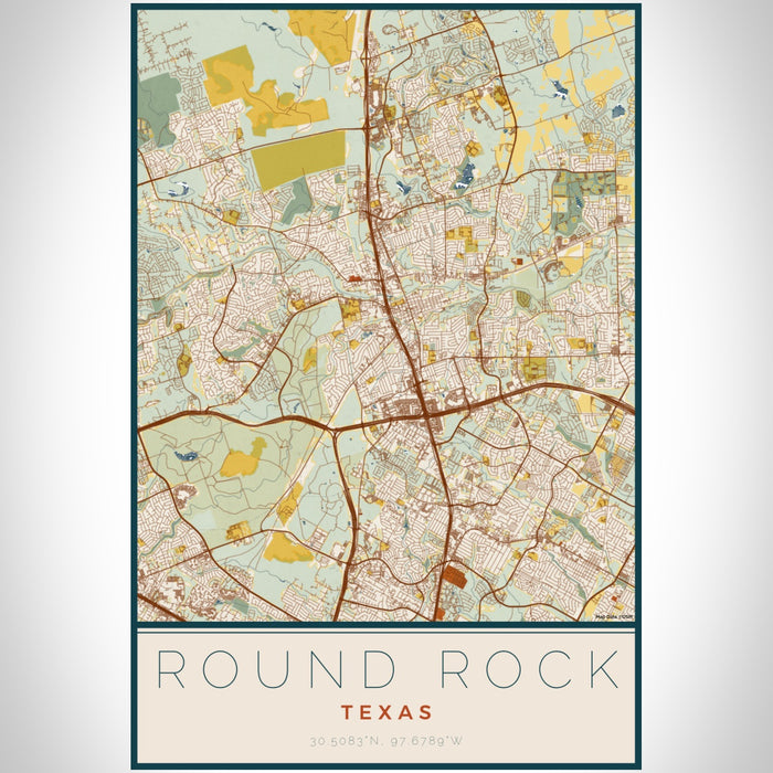 Round Rock Texas Map Print Portrait Orientation in Woodblock Style With Shaded Background