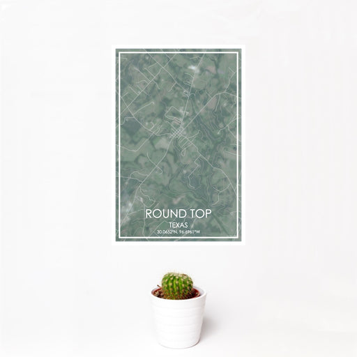 12x18 Round Top Texas Map Print Portrait Orientation in Afternoon Style With Small Cactus Plant in White Planter