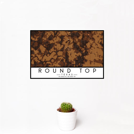 12x18 Round Top Texas Map Print Landscape Orientation in Ember Style With Small Cactus Plant in White Planter