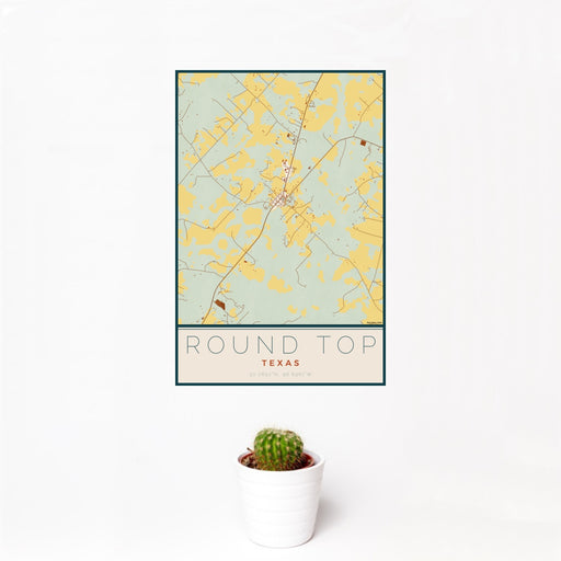 12x18 Round Top Texas Map Print Portrait Orientation in Woodblock Style With Small Cactus Plant in White Planter