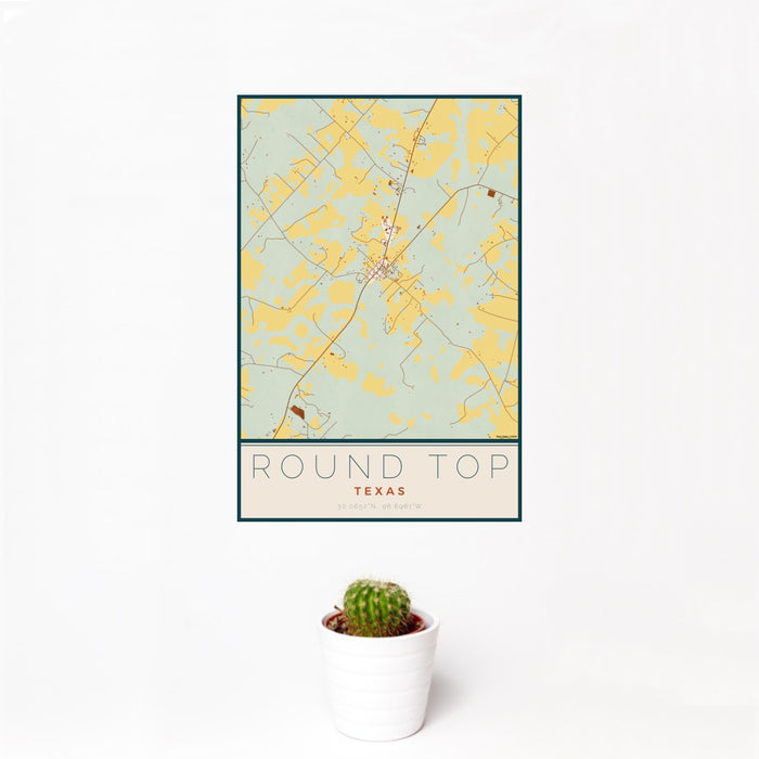 12x18 Round Top Texas Map Print Portrait Orientation in Woodblock Style With Small Cactus Plant in White Planter
