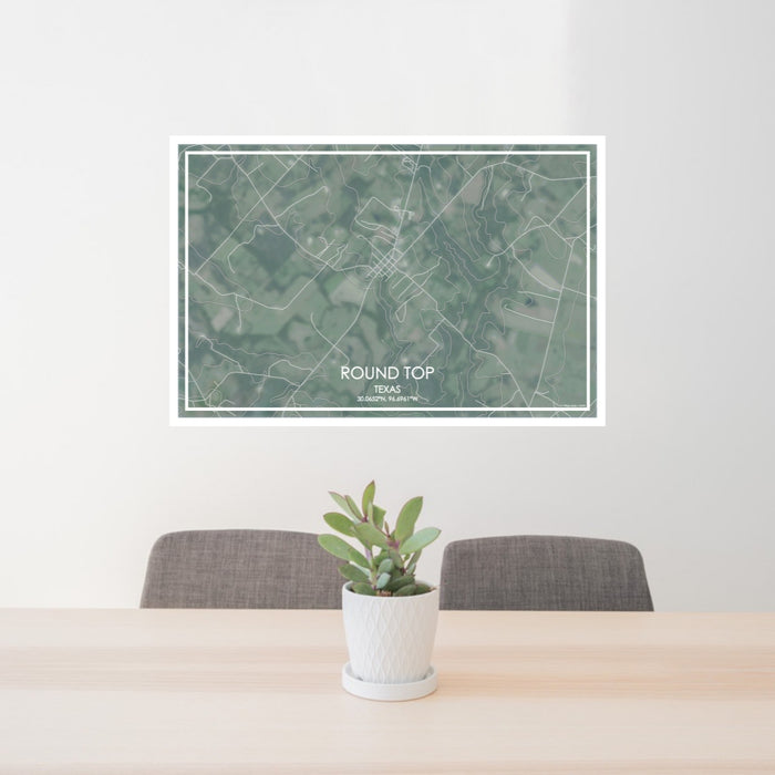24x36 Round Top Texas Map Print Lanscape Orientation in Afternoon Style Behind 2 Chairs Table and Potted Plant