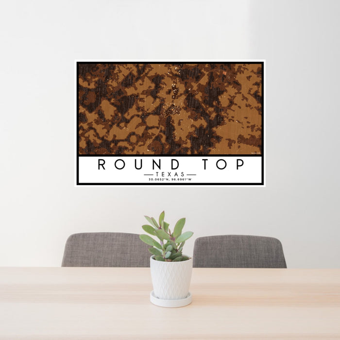 24x36 Round Top Texas Map Print Lanscape Orientation in Ember Style Behind 2 Chairs Table and Potted Plant