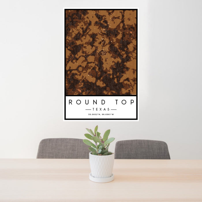 24x36 Round Top Texas Map Print Portrait Orientation in Ember Style Behind 2 Chairs Table and Potted Plant