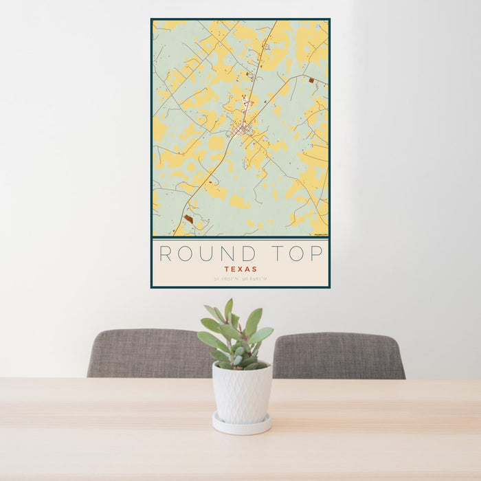 24x36 Round Top Texas Map Print Portrait Orientation in Woodblock Style Behind 2 Chairs Table and Potted Plant