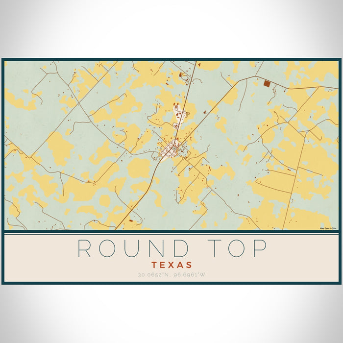 Round Top Texas Map Print Landscape Orientation in Woodblock Style With Shaded Background