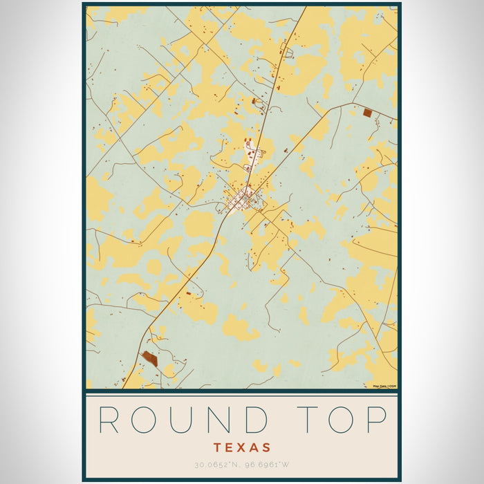 Round Top Texas Map Print Portrait Orientation in Woodblock Style With Shaded Background
