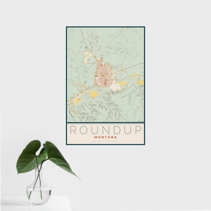 16x24 Roundup Montana Map Print Portrait Orientation in Woodblock Style With Tropical Plant Leaves in Water
