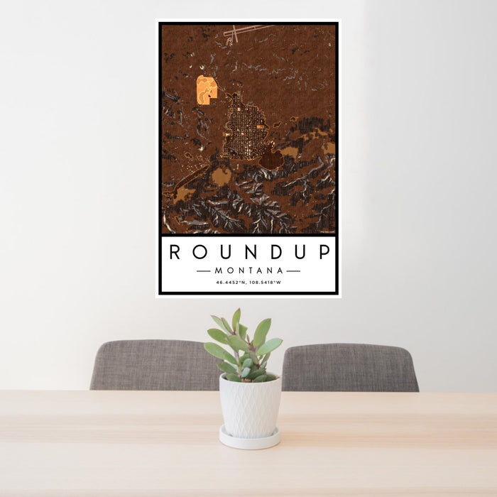 24x36 Roundup Montana Map Print Portrait Orientation in Ember Style Behind 2 Chairs Table and Potted Plant