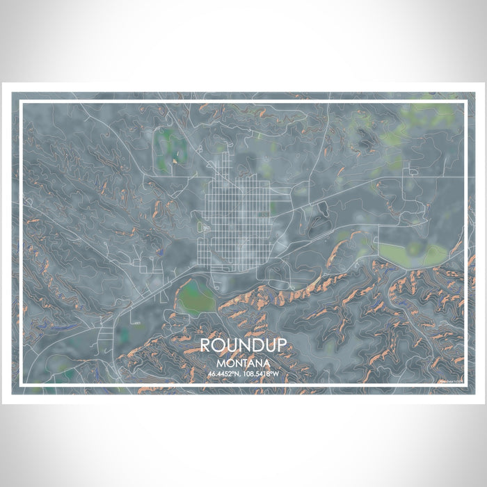 Roundup Montana Map Print Landscape Orientation in Afternoon Style With Shaded Background