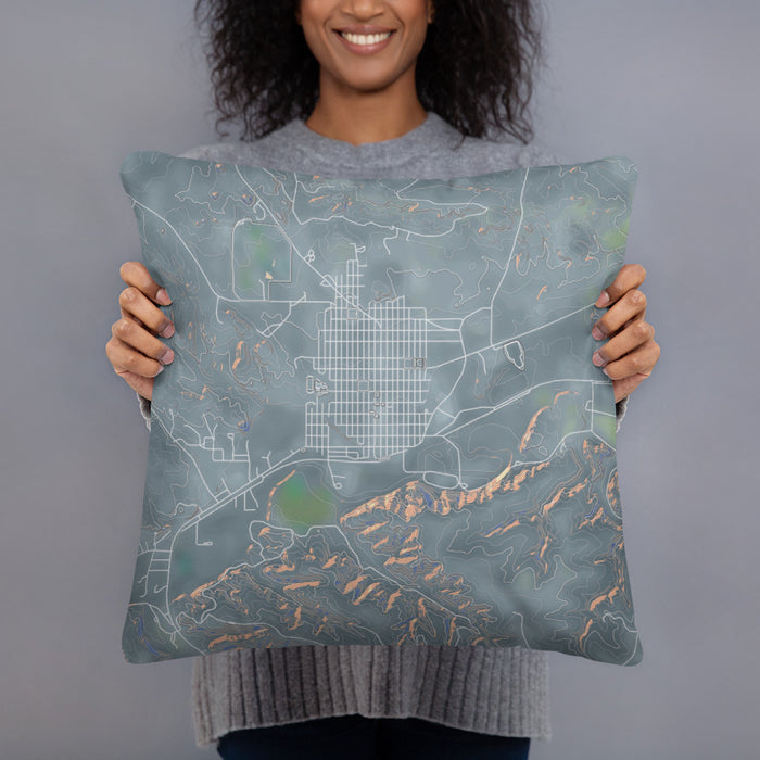 Person holding 18x18 Custom Roundup Montana Map Throw Pillow in Afternoon