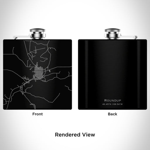 Rendered View of Roundup Montana Map Engraving on 6oz Stainless Steel Flask in Black