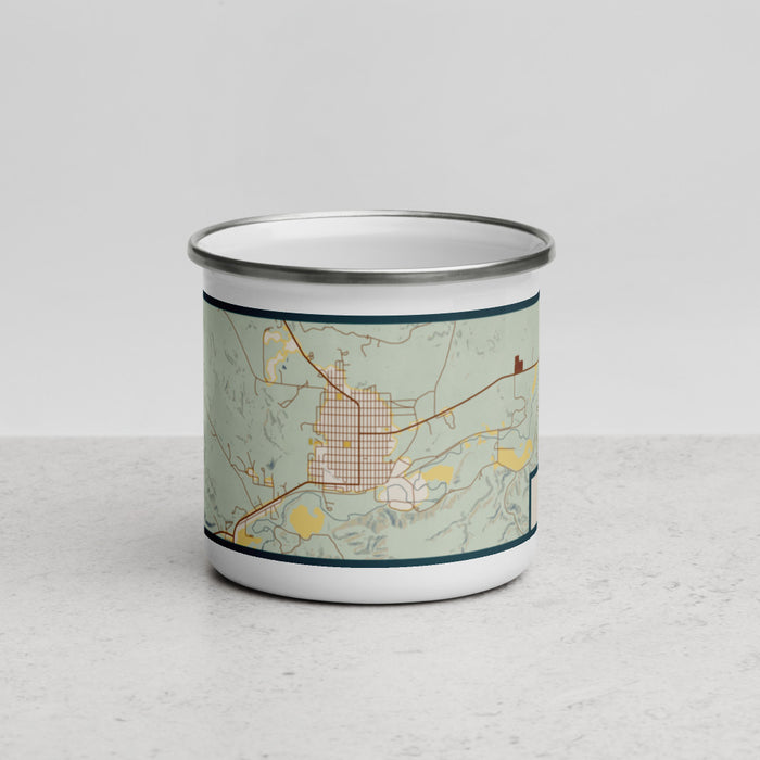 Front View Custom Roundup Montana Map Enamel Mug in Woodblock