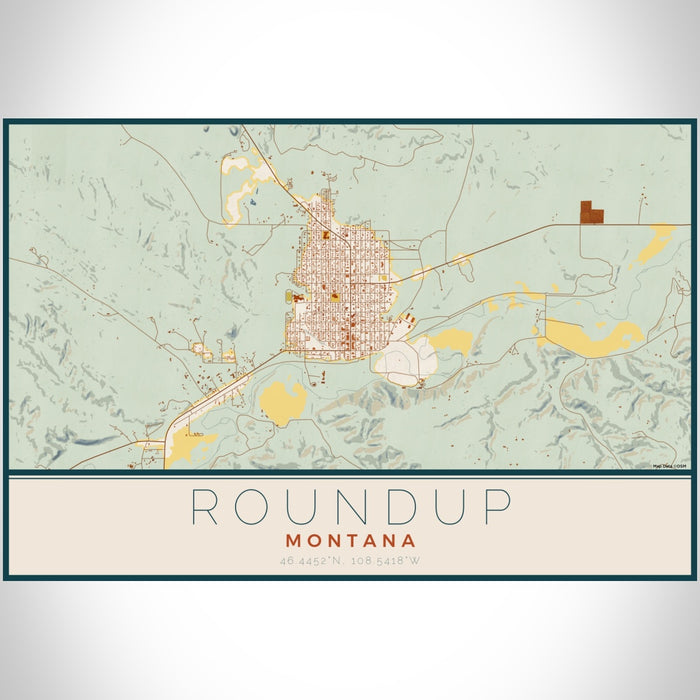 Roundup Montana Map Print Landscape Orientation in Woodblock Style With Shaded Background