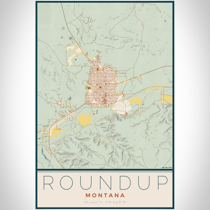 Roundup Montana Map Print Portrait Orientation in Woodblock Style With Shaded Background