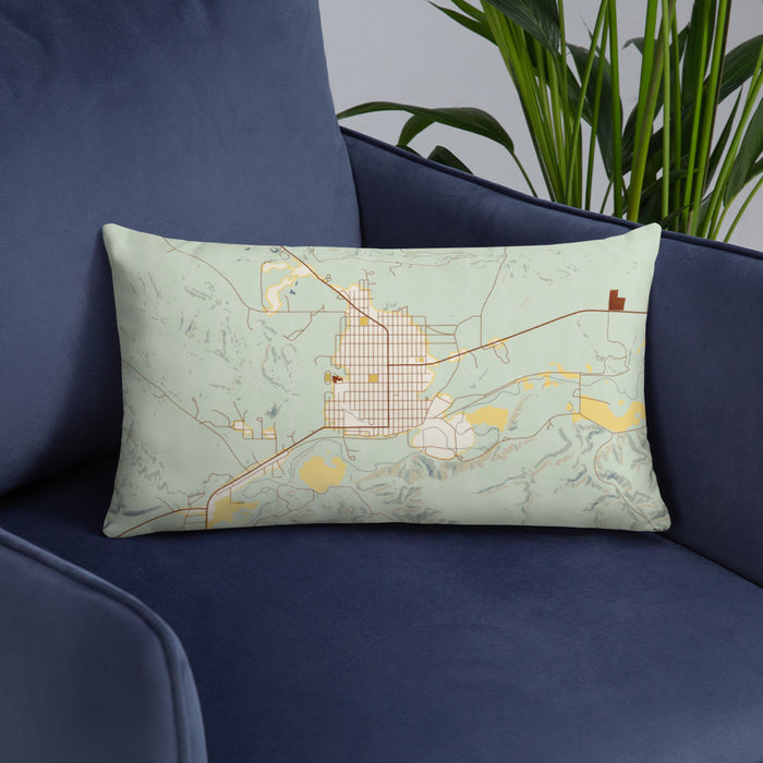 Custom Roundup Montana Map Throw Pillow in Woodblock on Blue Colored Chair