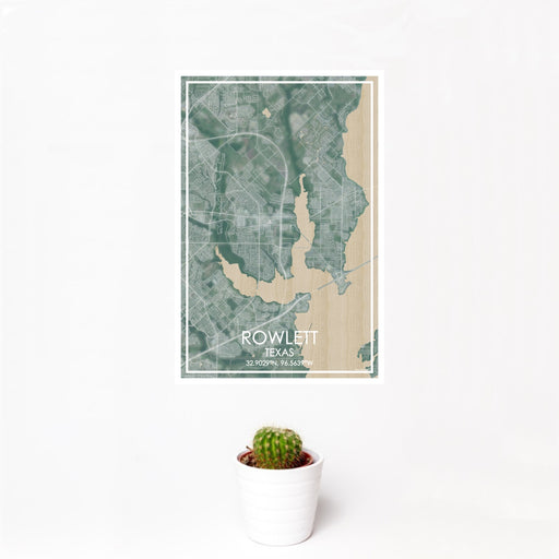 12x18 Rowlett Texas Map Print Portrait Orientation in Afternoon Style With Small Cactus Plant in White Planter