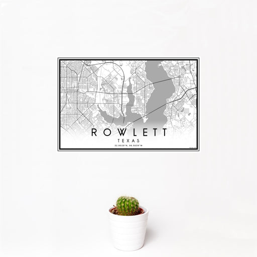 12x18 Rowlett Texas Map Print Landscape Orientation in Classic Style With Small Cactus Plant in White Planter