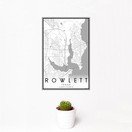12x18 Rowlett Texas Map Print Portrait Orientation in Classic Style With Small Cactus Plant in White Planter
