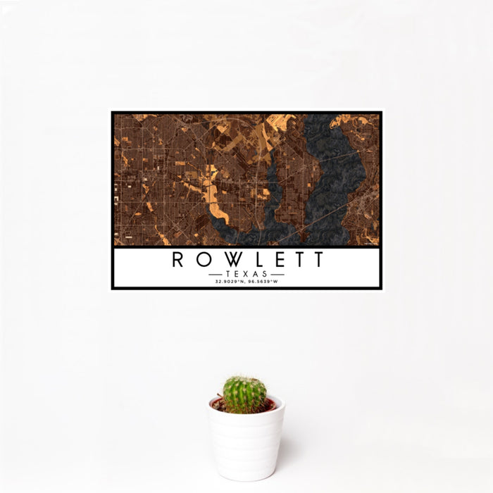 12x18 Rowlett Texas Map Print Landscape Orientation in Ember Style With Small Cactus Plant in White Planter