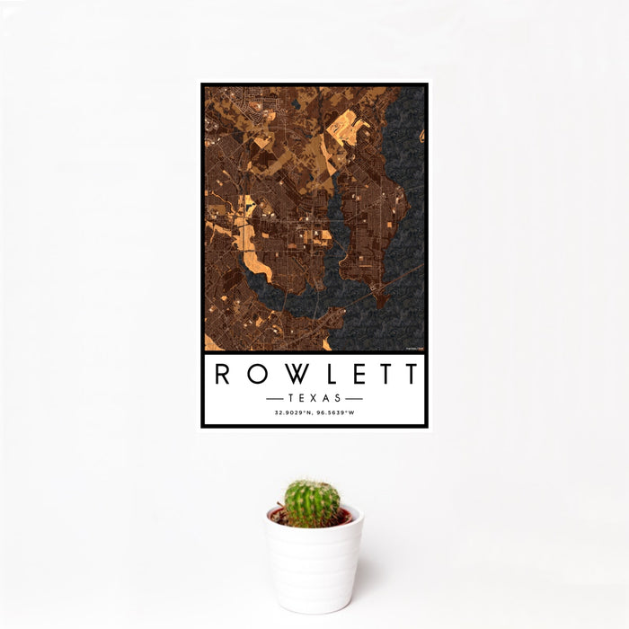 12x18 Rowlett Texas Map Print Portrait Orientation in Ember Style With Small Cactus Plant in White Planter