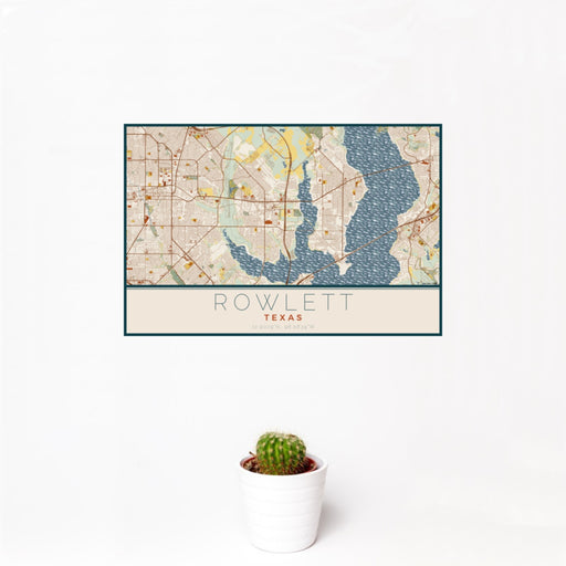 12x18 Rowlett Texas Map Print Landscape Orientation in Woodblock Style With Small Cactus Plant in White Planter