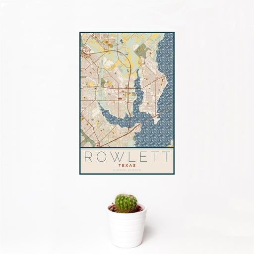 12x18 Rowlett Texas Map Print Portrait Orientation in Woodblock Style With Small Cactus Plant in White Planter