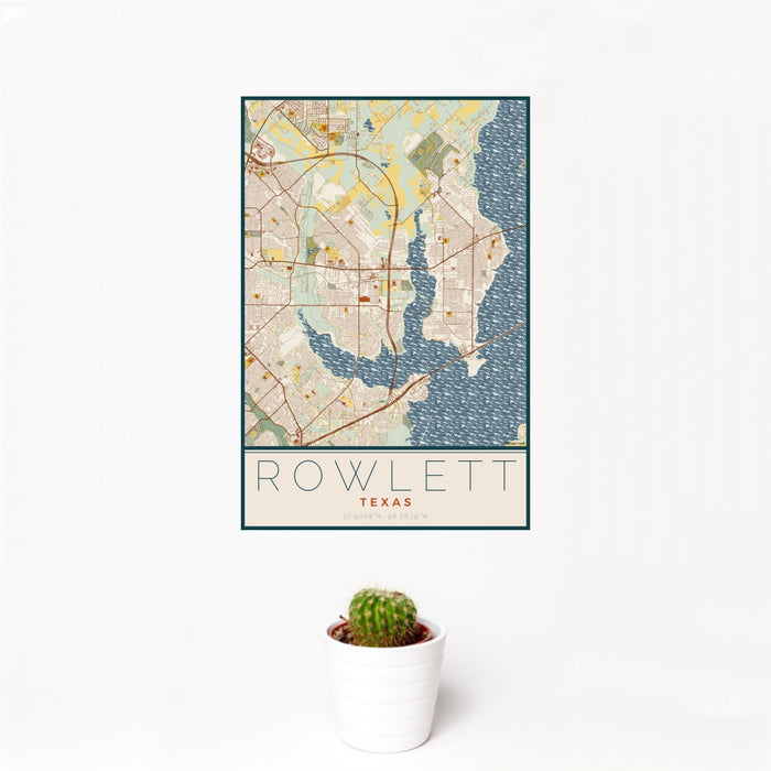 12x18 Rowlett Texas Map Print Portrait Orientation in Woodblock Style With Small Cactus Plant in White Planter