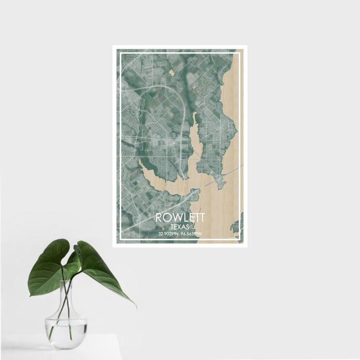 16x24 Rowlett Texas Map Print Portrait Orientation in Afternoon Style With Tropical Plant Leaves in Water