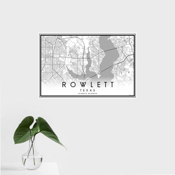 16x24 Rowlett Texas Map Print Landscape Orientation in Classic Style With Tropical Plant Leaves in Water