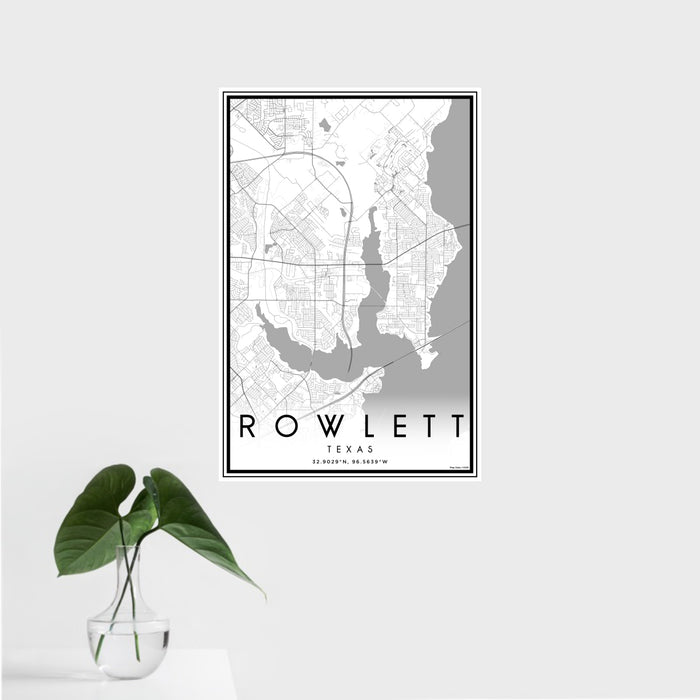 16x24 Rowlett Texas Map Print Portrait Orientation in Classic Style With Tropical Plant Leaves in Water