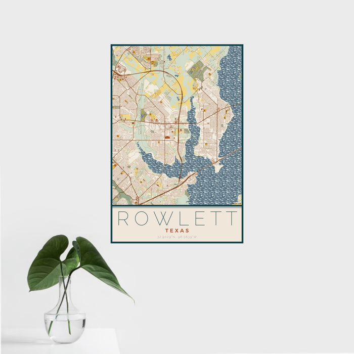 16x24 Rowlett Texas Map Print Portrait Orientation in Woodblock Style With Tropical Plant Leaves in Water