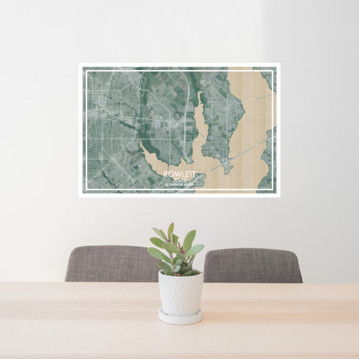 24x36 Rowlett Texas Map Print Lanscape Orientation in Afternoon Style Behind 2 Chairs Table and Potted Plant