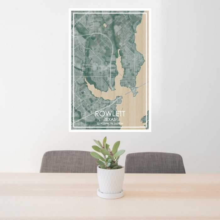 24x36 Rowlett Texas Map Print Portrait Orientation in Afternoon Style Behind 2 Chairs Table and Potted Plant