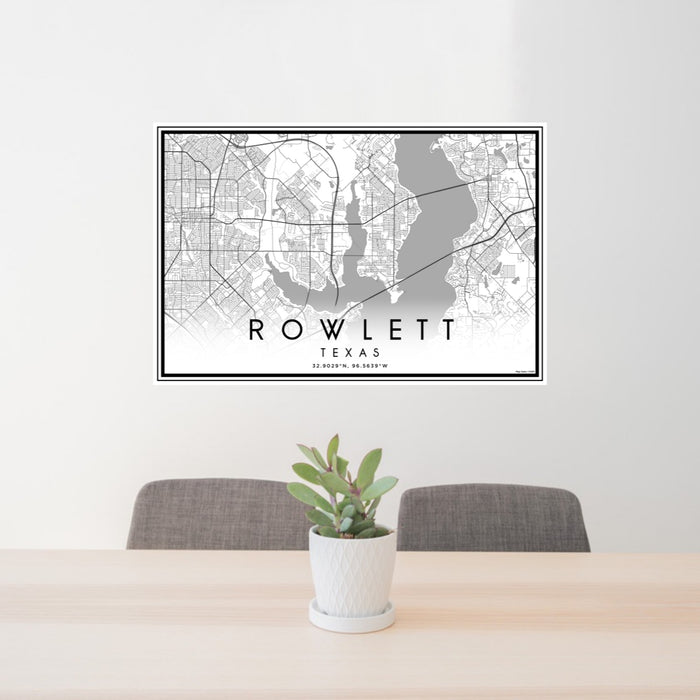 24x36 Rowlett Texas Map Print Lanscape Orientation in Classic Style Behind 2 Chairs Table and Potted Plant